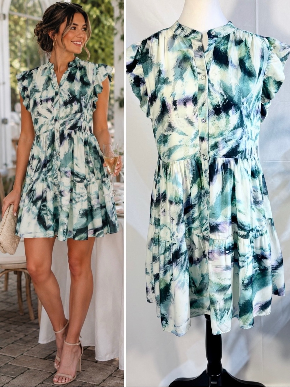 💥Marie Oliver Neelie Abstract Print Silk Blend Full Button Tiered Dress Sz XS🧡